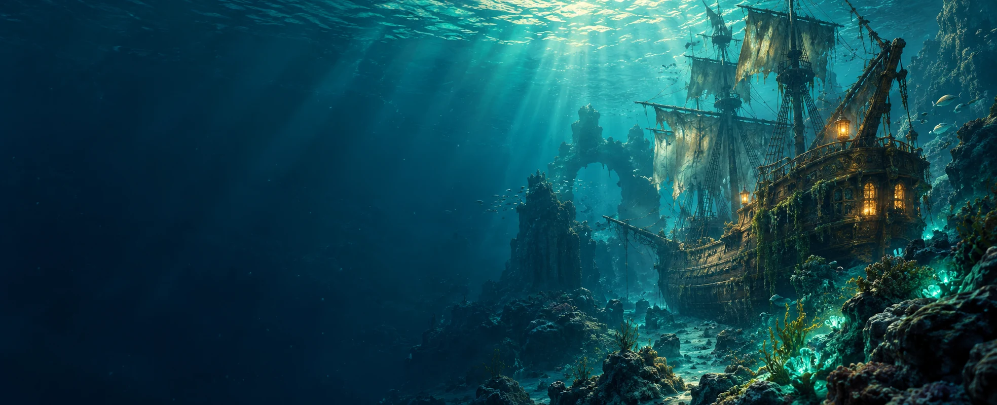 An antique sailing ship rests beneath turquoise waves, surrounded by glowing coral and shafts of sunlight